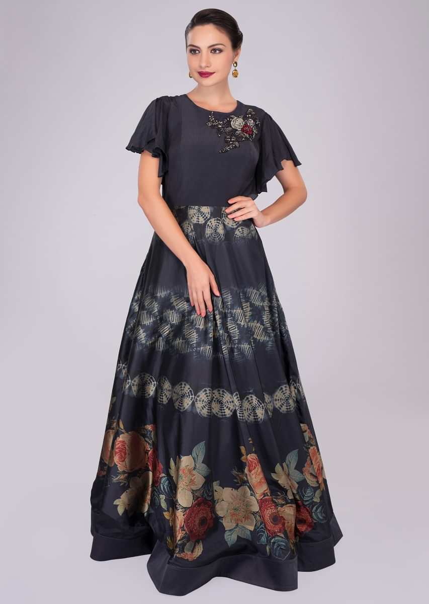 Twilight blue silk gown in 3 D flowers and digital floral print