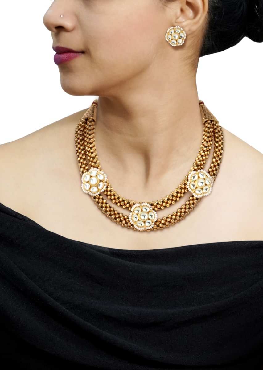 Two Layered 22Kt Gold Plated Necklace Set With Pachi Kundan Motifs By Tizora