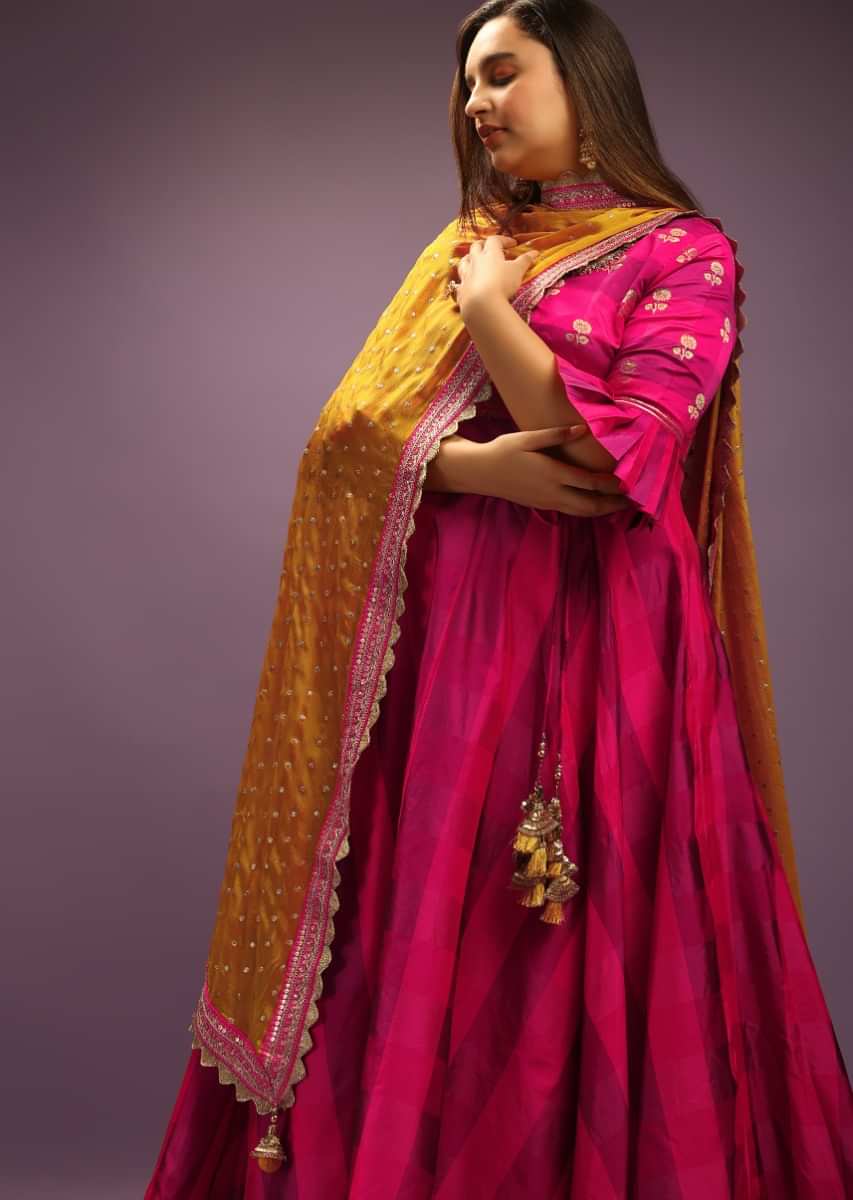 Pink Two-Tone Anarkali With A Fancy Tie And A Weaved Bodice