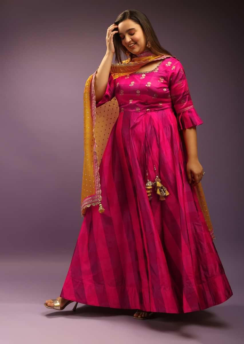 Pink Two-Tone Anarkali With A Fancy Tie And A Weaved Bodice