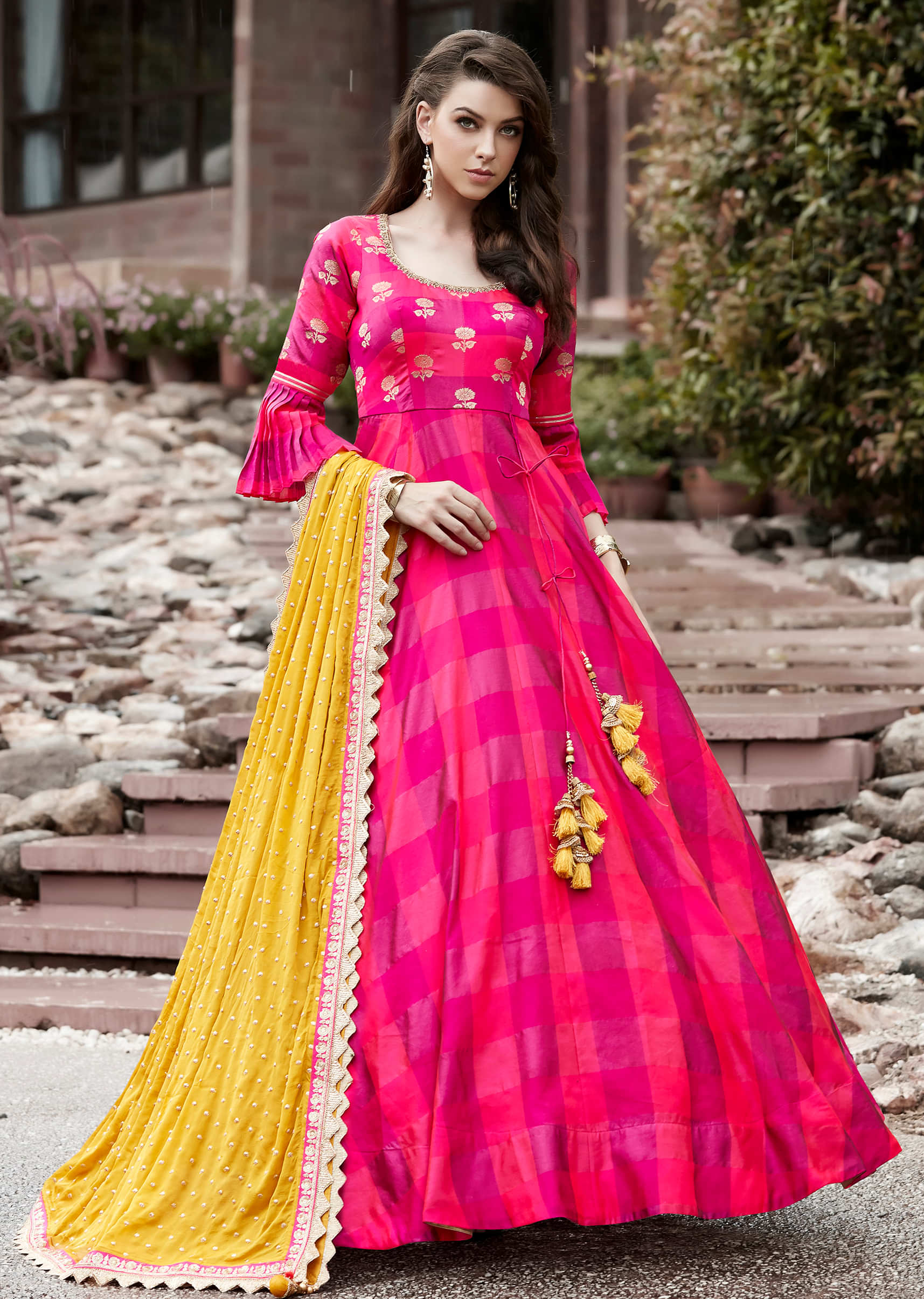 Two tone pink anarkali suit  with weaved bodice and fancy tie up