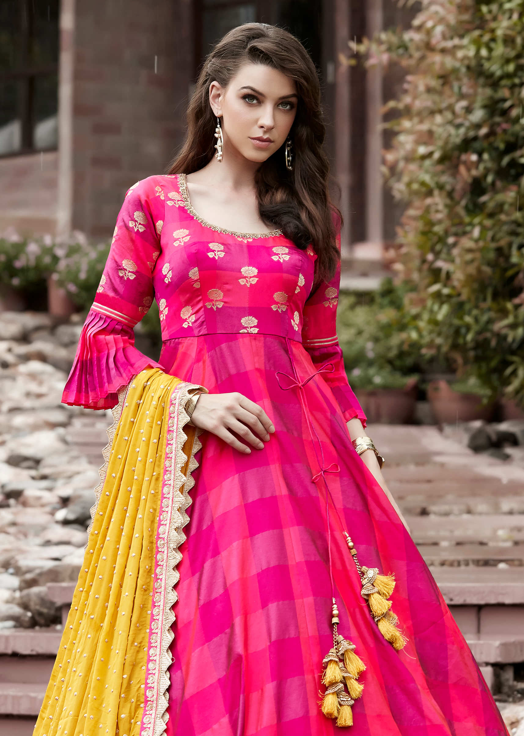 Two tone pink anarkali suit  with weaved bodice and fancy tie up