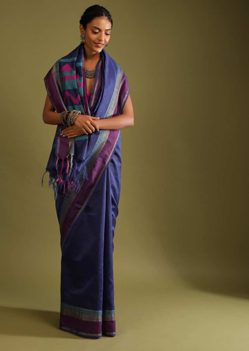 Ultramarine Blue Saree In Tussar Silk With Multi Colored Thread Embroidered Abstract Design On The Pallu  
