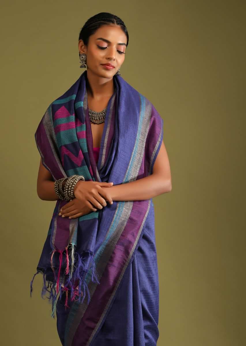 Ultramarine Blue Saree In Tussar Silk With Multi Colored Thread Embroidered Abstract Design On The Pallu  