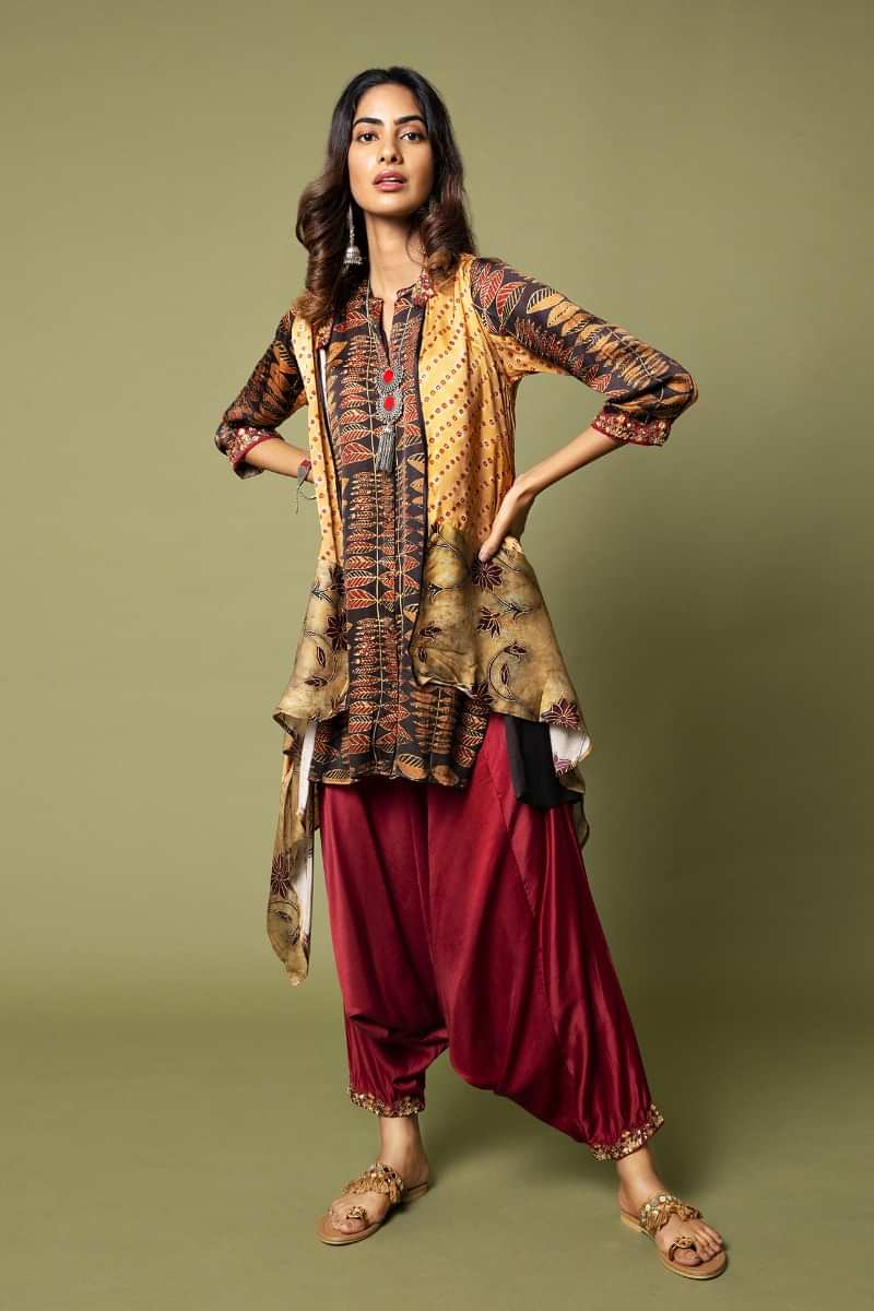 Umber Brown Ajrakh Printed Shirt With A Bandhani Cape And Deep Red Cowl Pants  