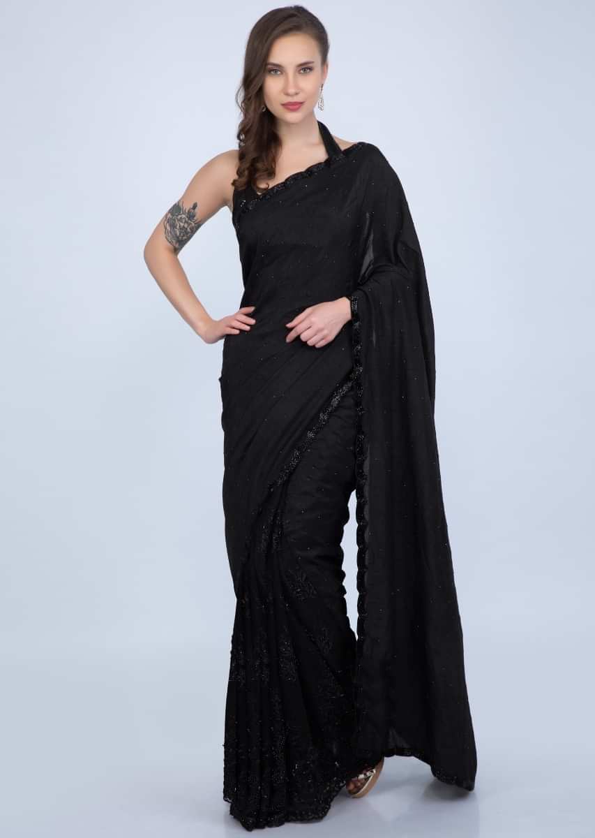 Party Wear Saree Black - Designer Saree with Blouse Piece-sgquangbinhtourist.com.vn