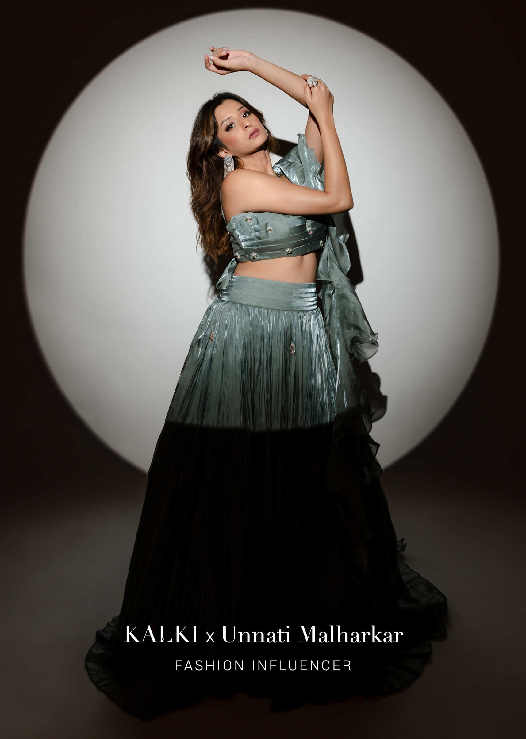 Sage Grey Skirt And Bustier With Pleat Detailing, Weaved Buttis, And Unsettle Dupatta