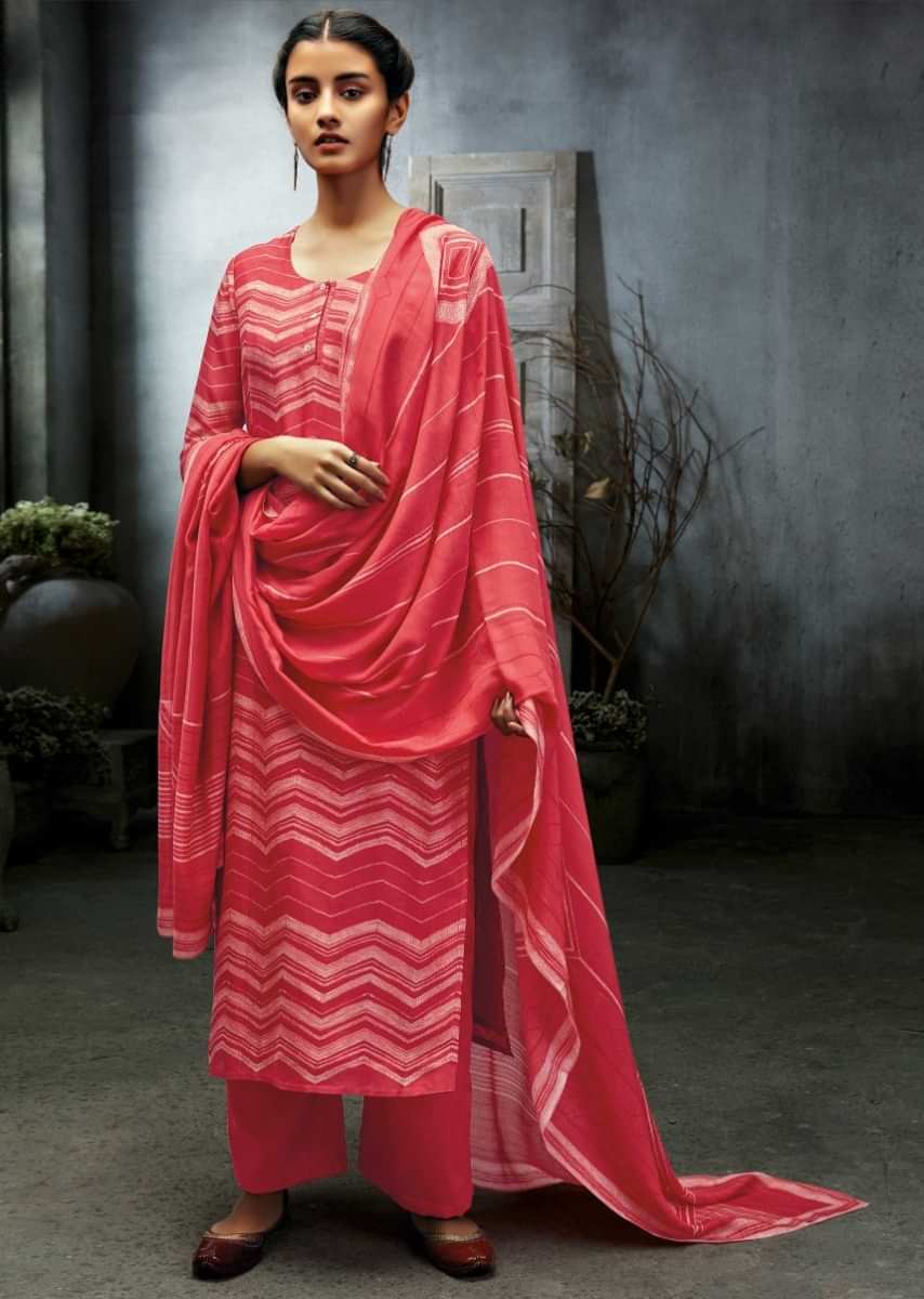 Rouge Pink Unstitched Suit With Chevron Printed Pattern And Sequin Work Online - Kalki Fashion