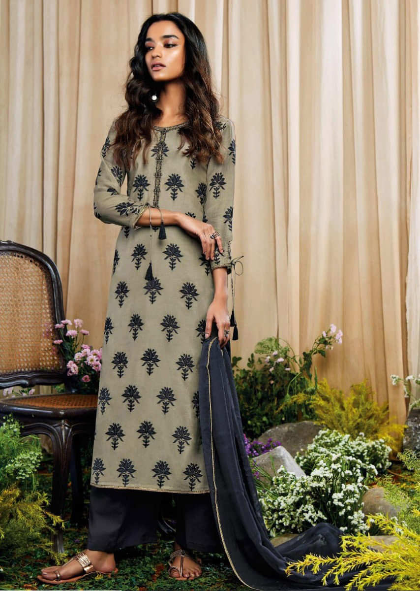 Sage Green Unstitched Suit With Thread And Zari Embroidered Butti And Placket Online - Kalki Fashion