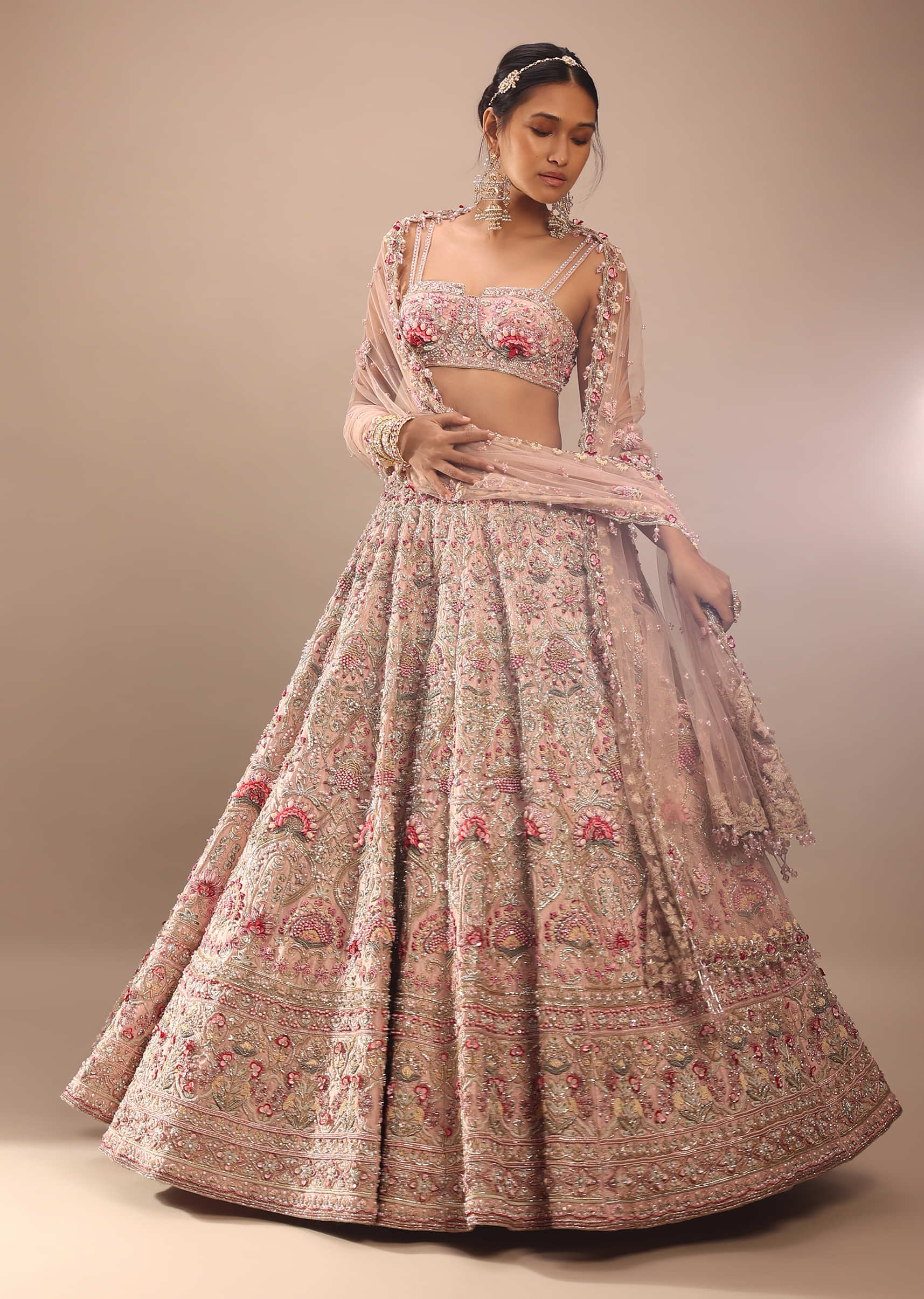 Charm Pink Rumi Lehenga Set With Matching Crop Top In 3D Flower Motifs And Abla Embroidery