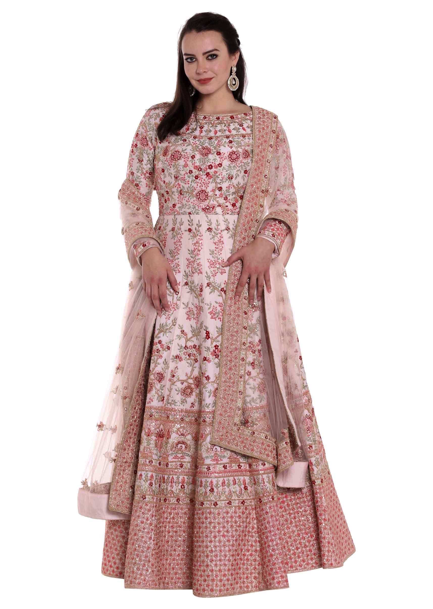 Vanilla cream anarkali suit in adorn in resham and zari in floral jaal all over only on Kalki