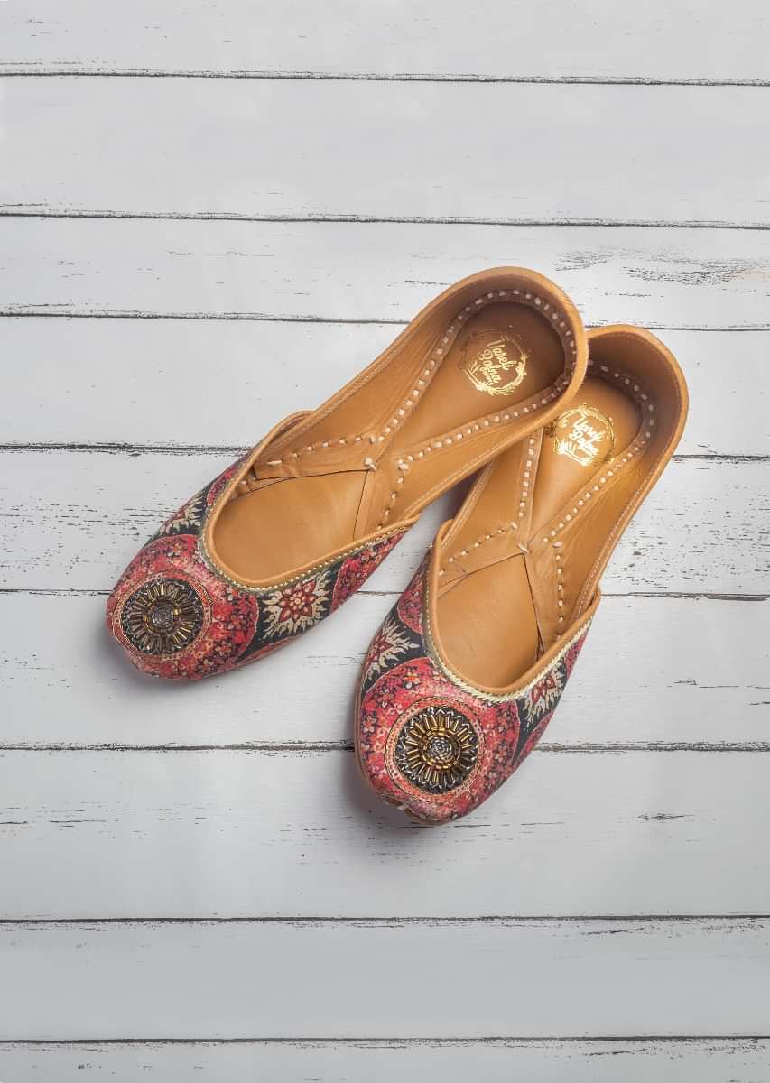 Multi Colored Juttis In Customized Printed Cotton Satin With Zardosi Embroidery Detailing By Vareli Bafna