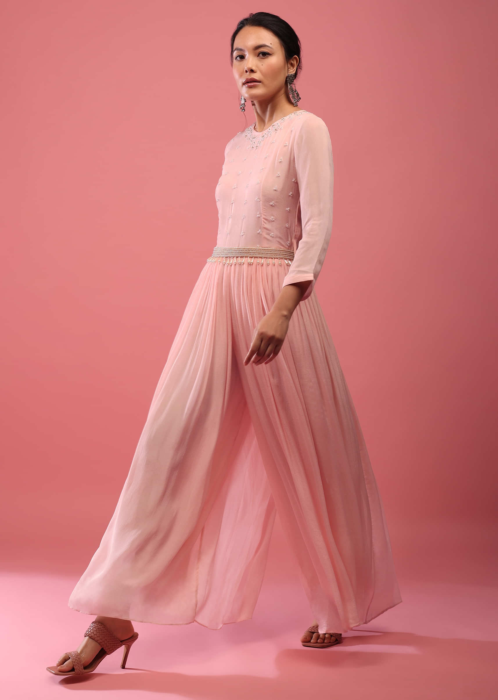 Veiled Pink Jumpsuit In Chiffon With Full Sleeves And Embroidered Belt In Moti
