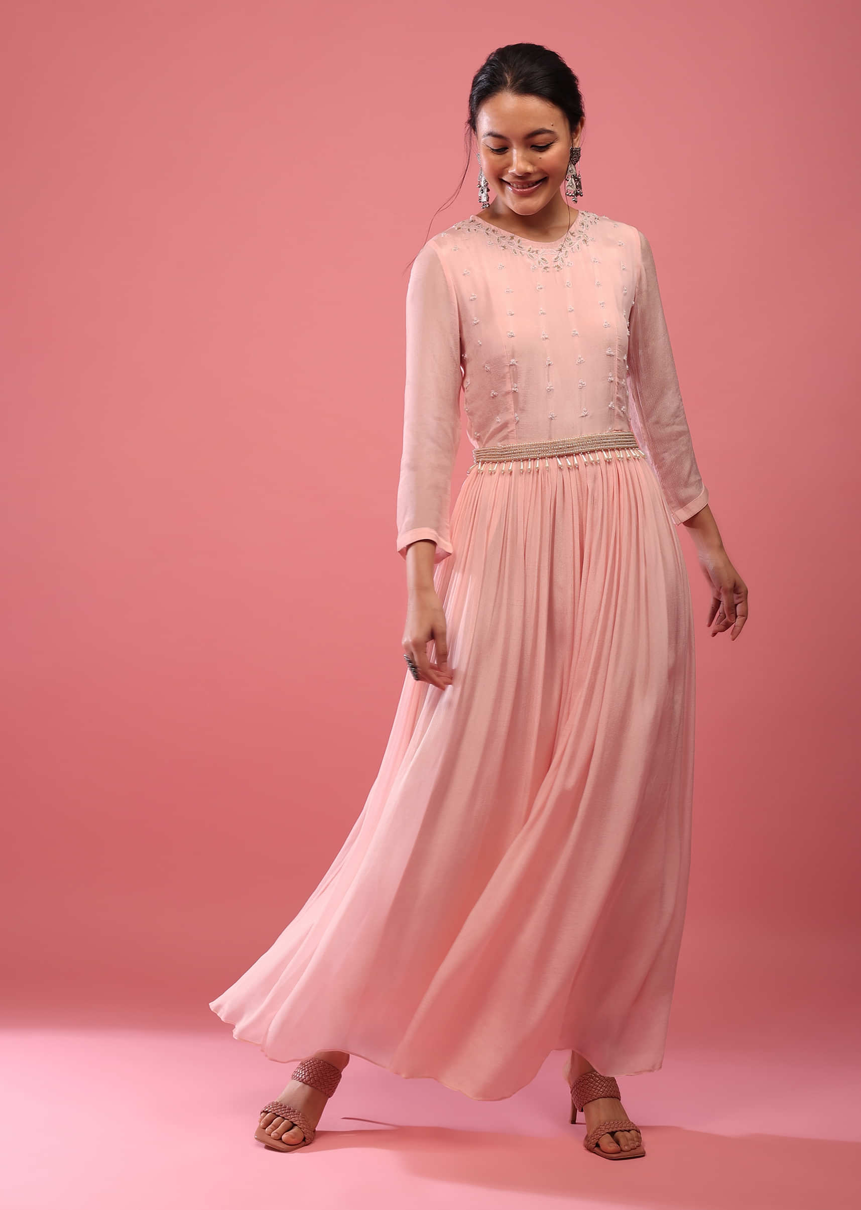 Candy Pink Jumpsuit In Chiffon With Full Sleeves And Embroidered Belt In Moti