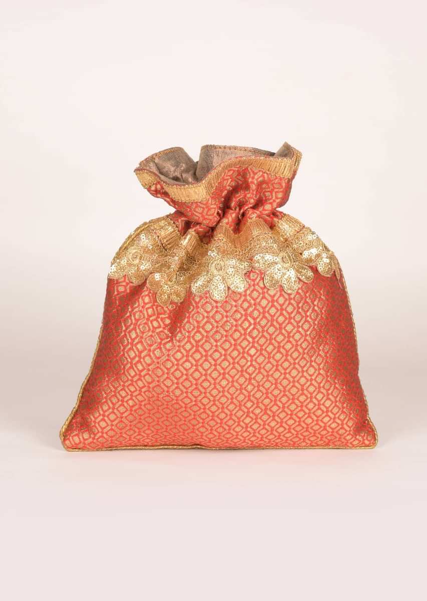Buy Vermillion And Gold Potli Bag In Brocade With Geometric Motif ...