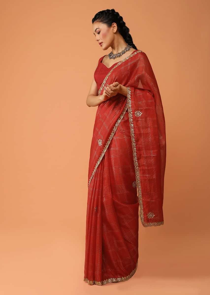 Vermillion Red Saree In Zari Kota Silk With Gotta Patti Embroidered Buttis And Border Design