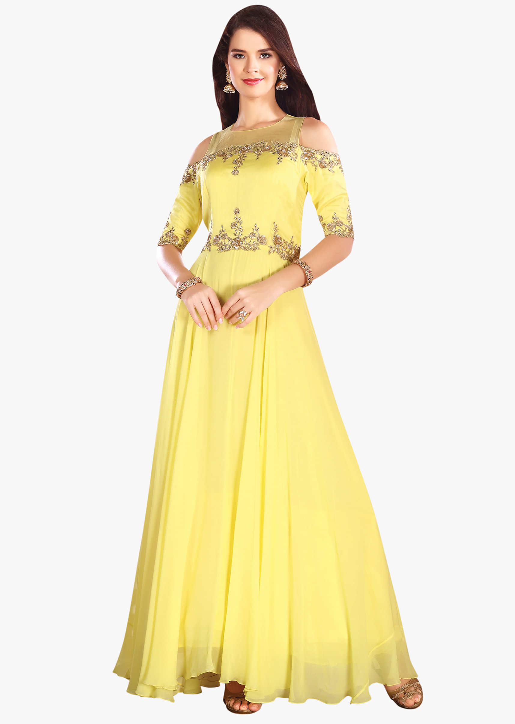 Vibrant yellow gown in georgette with cold shoulder and embroidered bodice