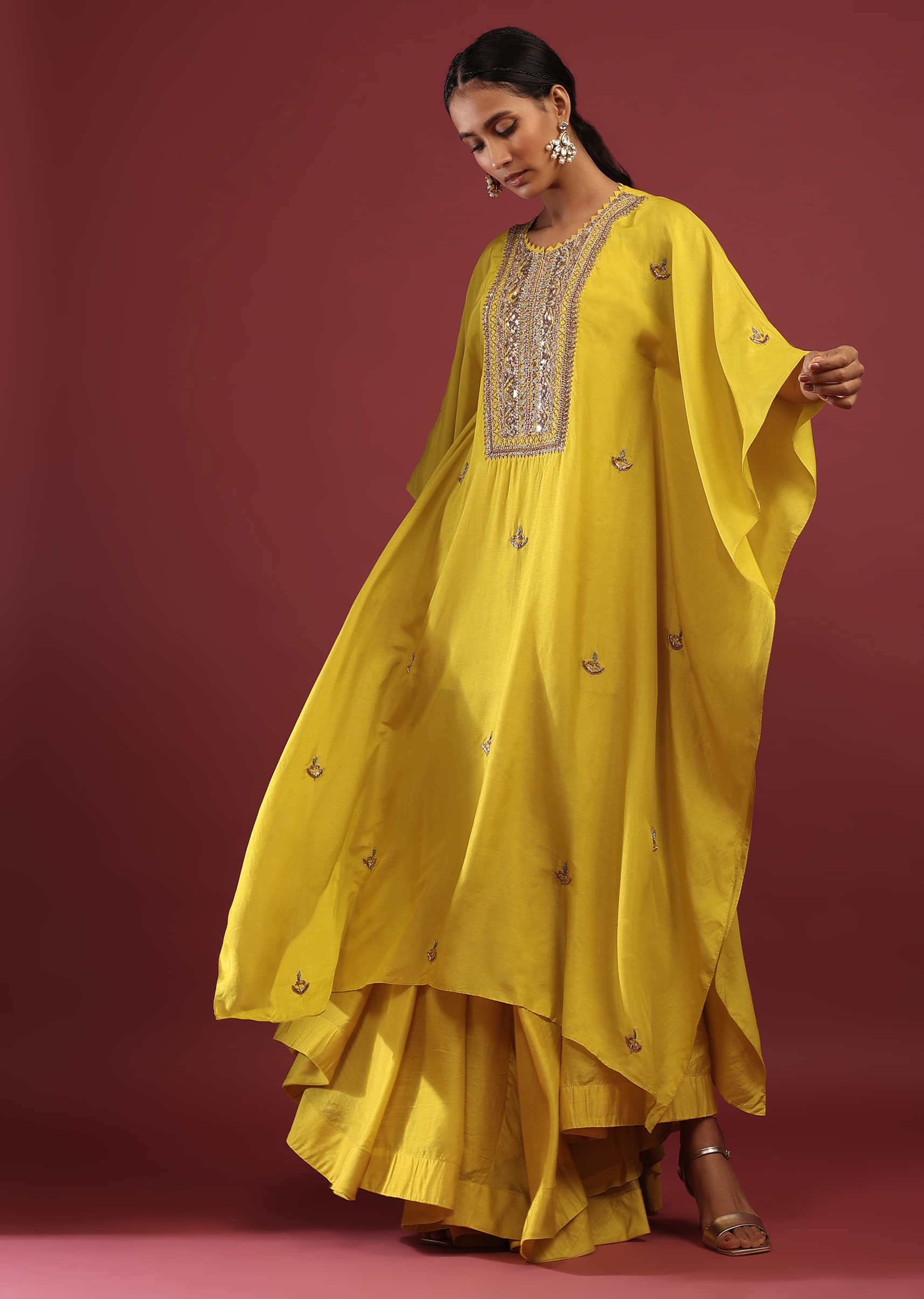 Cyber Yellow Kaftan Suit With High Low Palazzo Pants And Zardosi Embroidered Yoke Design