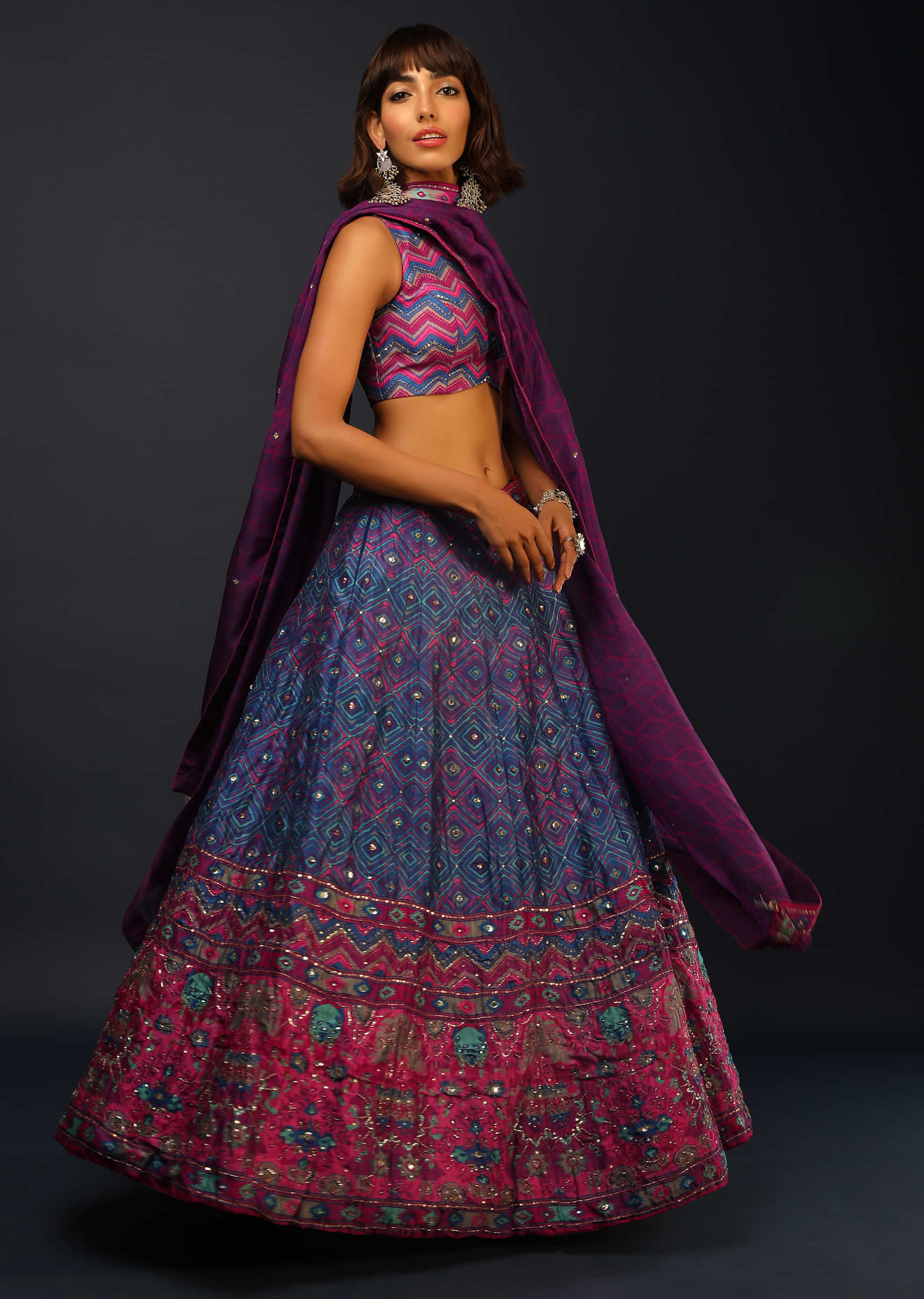 Victoria Blue Lehenga Choli In Silk With Tie Dye Print And Pink Patola Border 