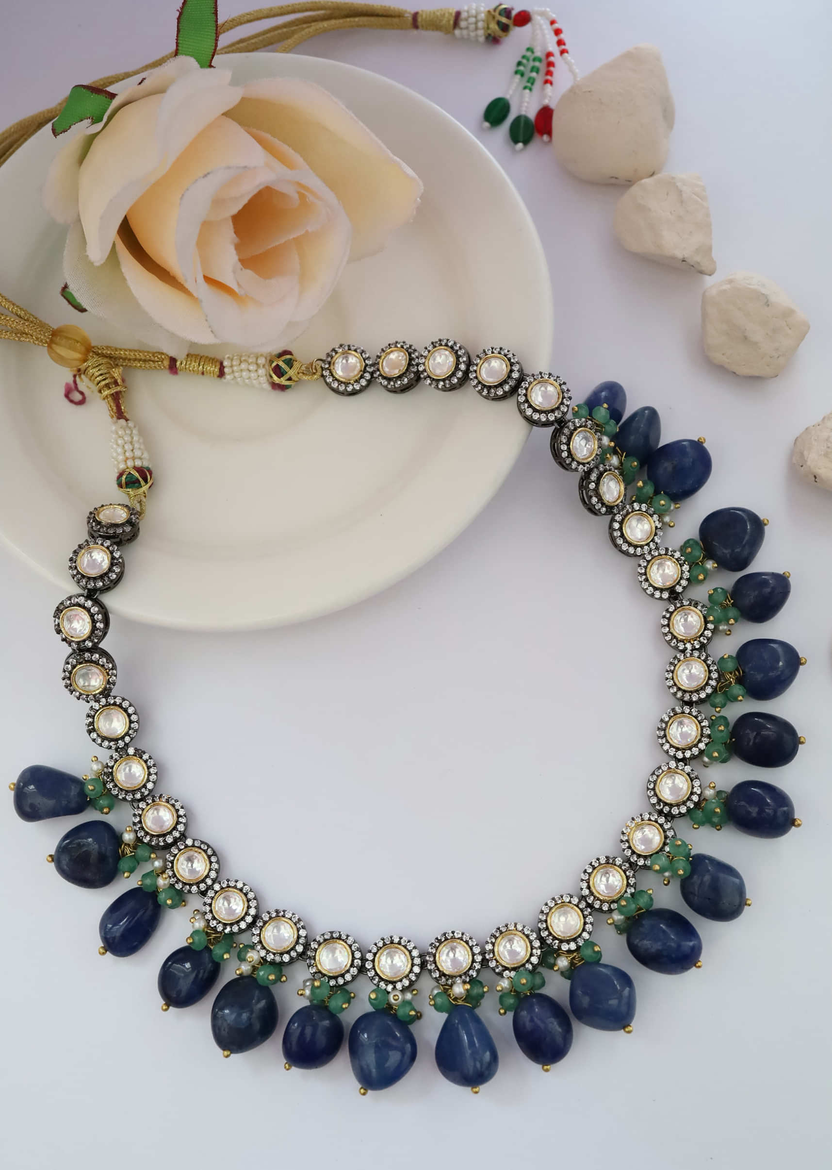 Victorian Inspired Necklace With Cubic Zirconia Lined Polki, Blue And Green Stones By Paisley Pop