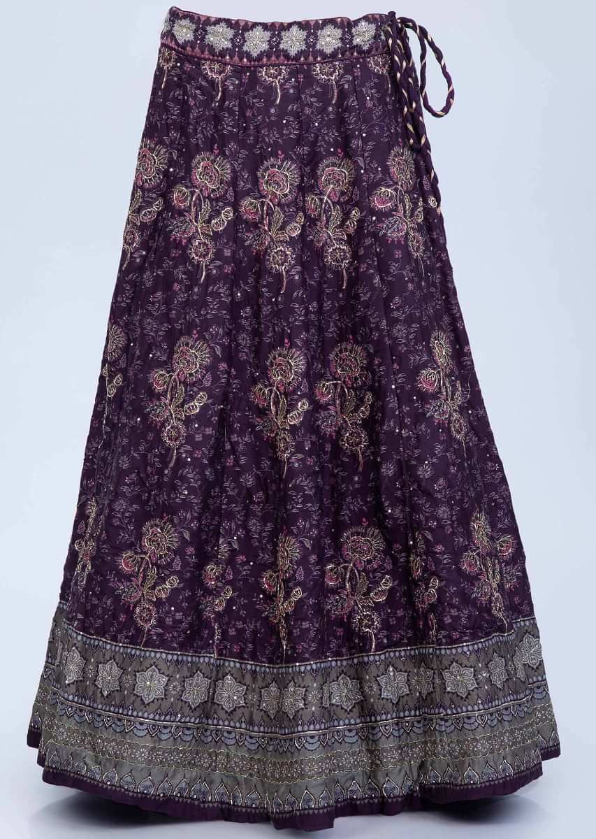 Violet shade floral printed silk lehenga with contrasting punch pink crepe silk dupatta only on Kalki