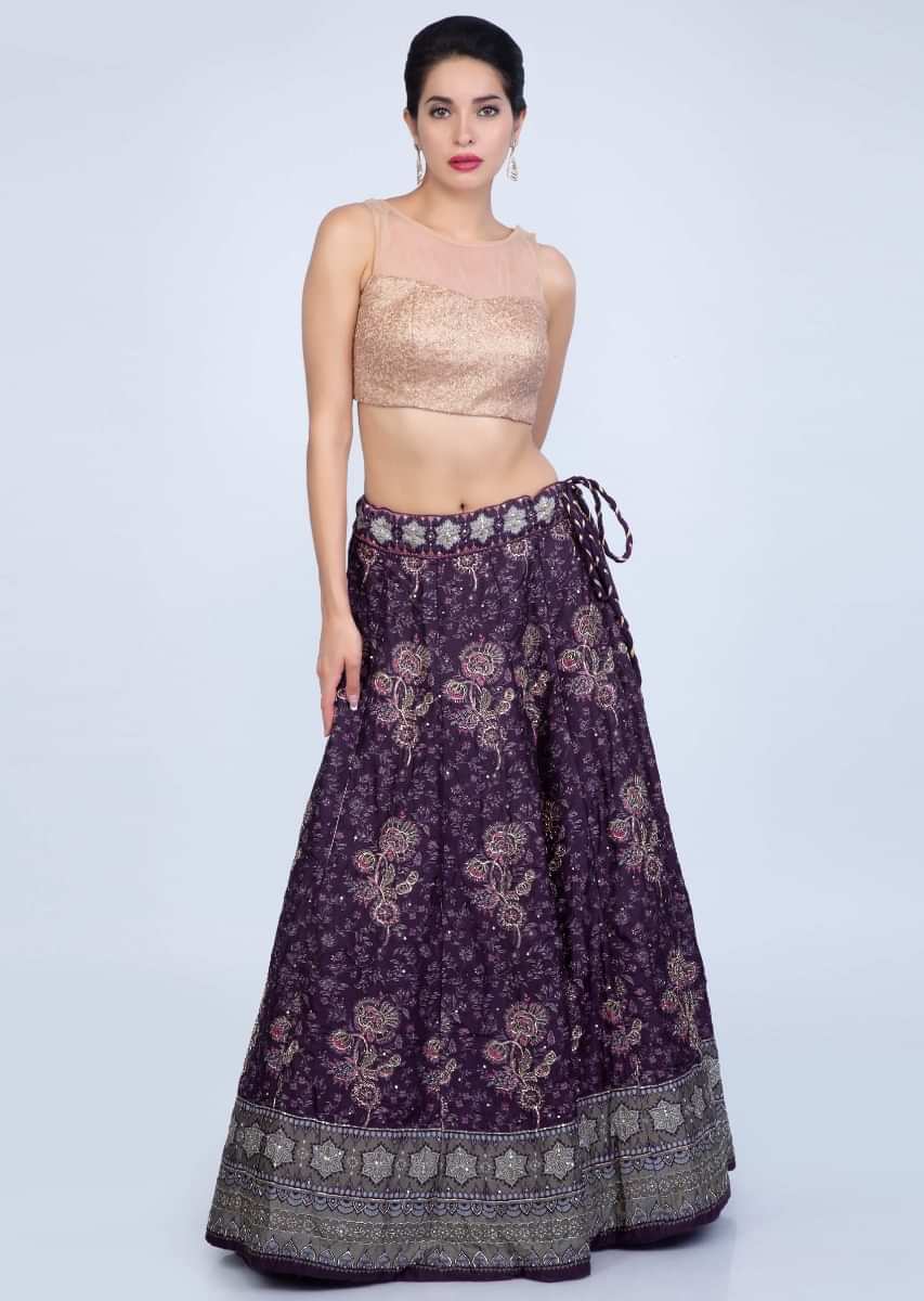 Violet shade floral printed silk lehenga with contrasting punch pink crepe silk dupatta only on Kalki