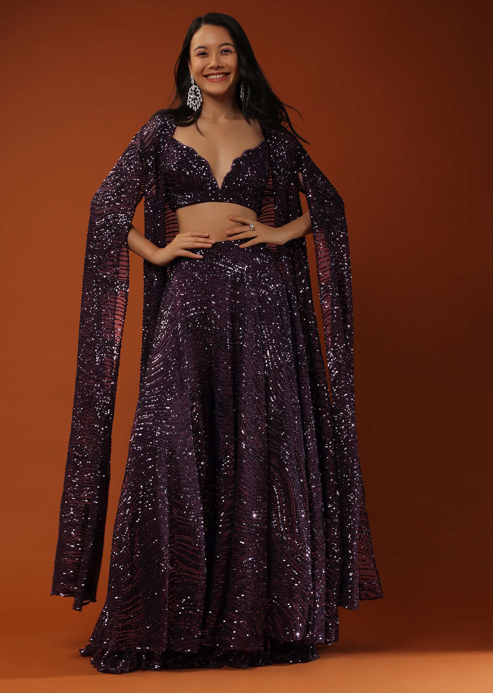 Violet palazzo And Crop Top In Sequins Embroidery, Extended Jacket In Cape Sleeves