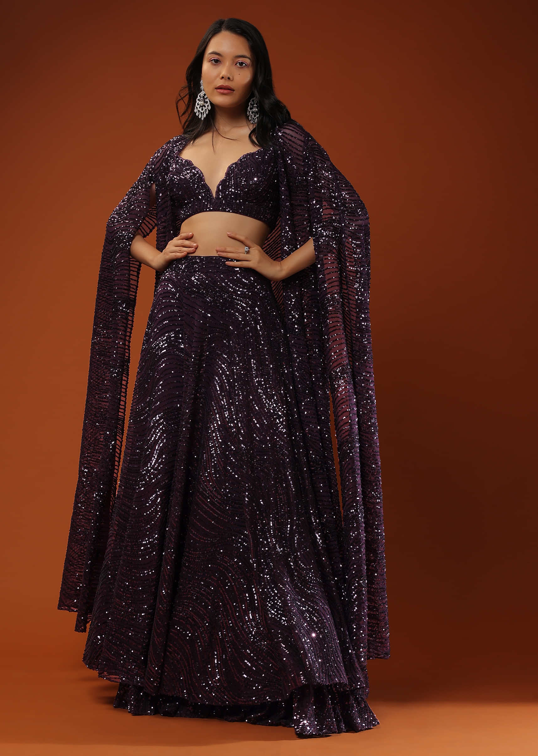 Violet Lehenga And Crop Top In Sequins Embroidery, Extended Jacket In Cape Sleeves