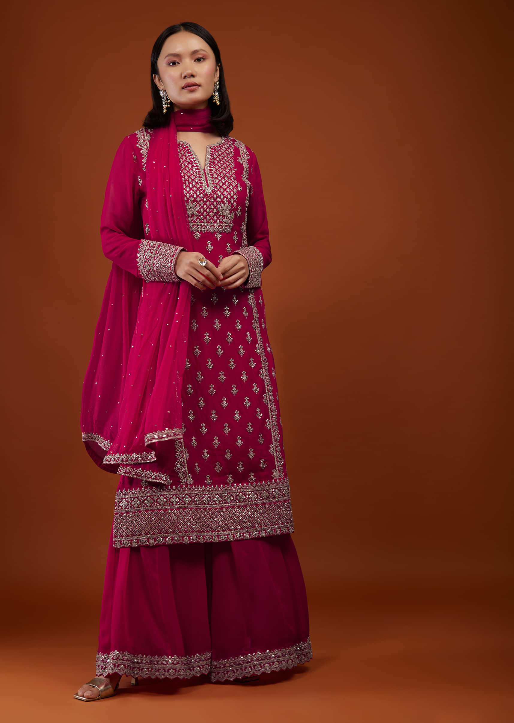 Hot Pink Embroidered Georgette Palazzo Suit