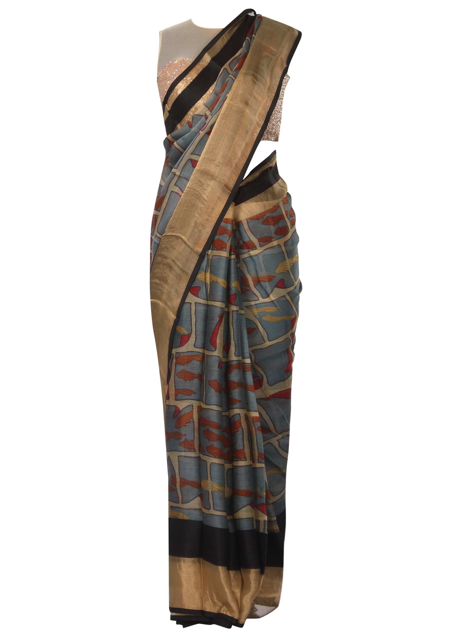 Vista blue saree in silk with abstract checks print all over only on Kalki