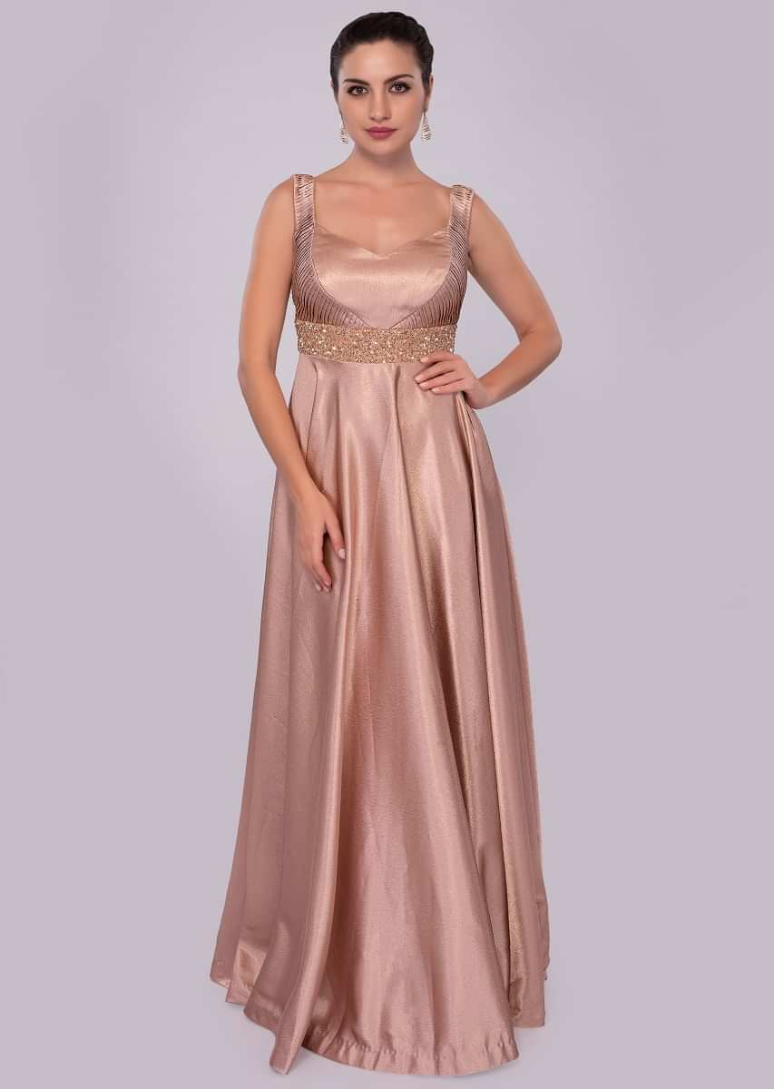 Warm taupe brown milano satin gown with embroidered empire line 