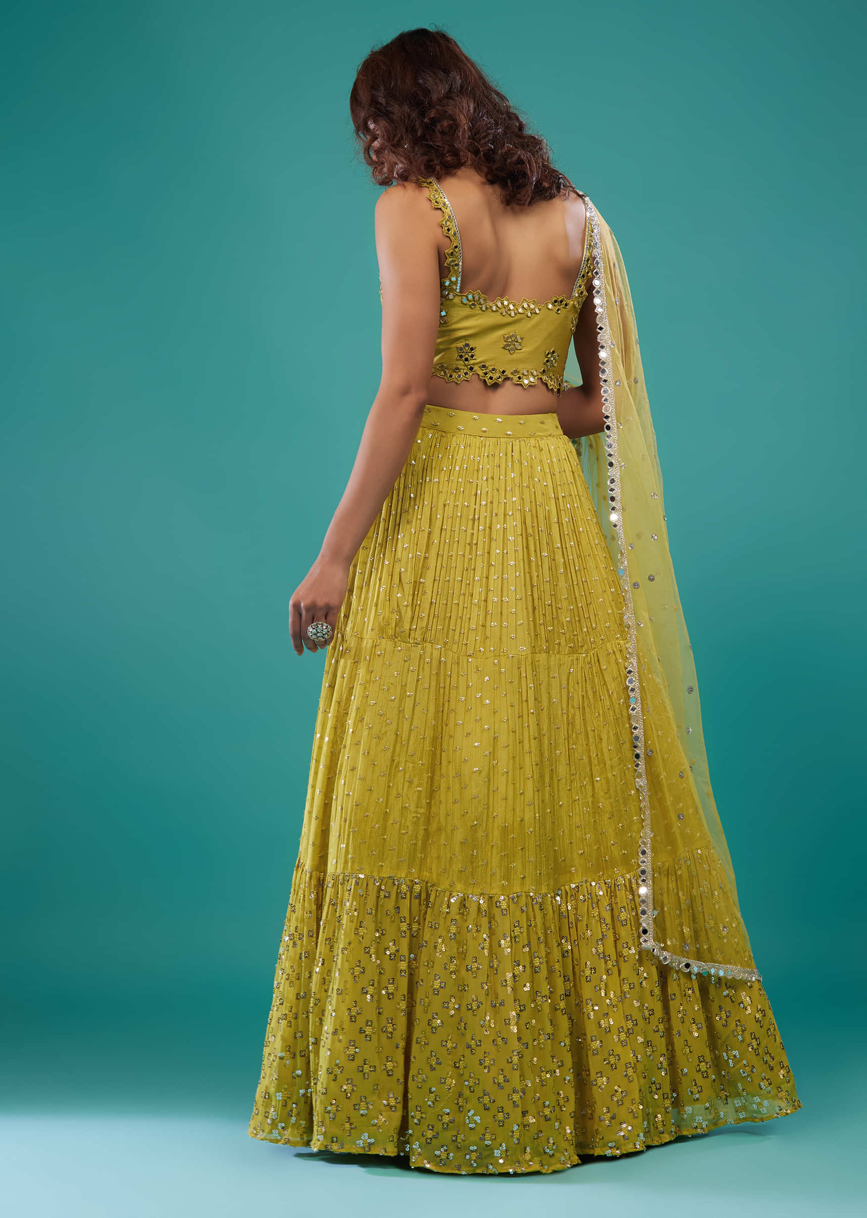 Lime Green Embroidered Lehenga Set In Chinon