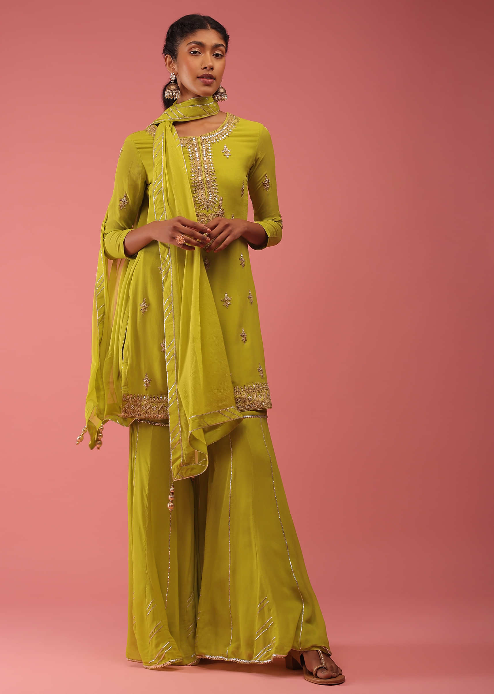 Warm Olive Sharara Suit In Zari And Zardozi Embroidery, Crafted In Georgette And Comes In 3/4Th Sleeves And A Round Neckline