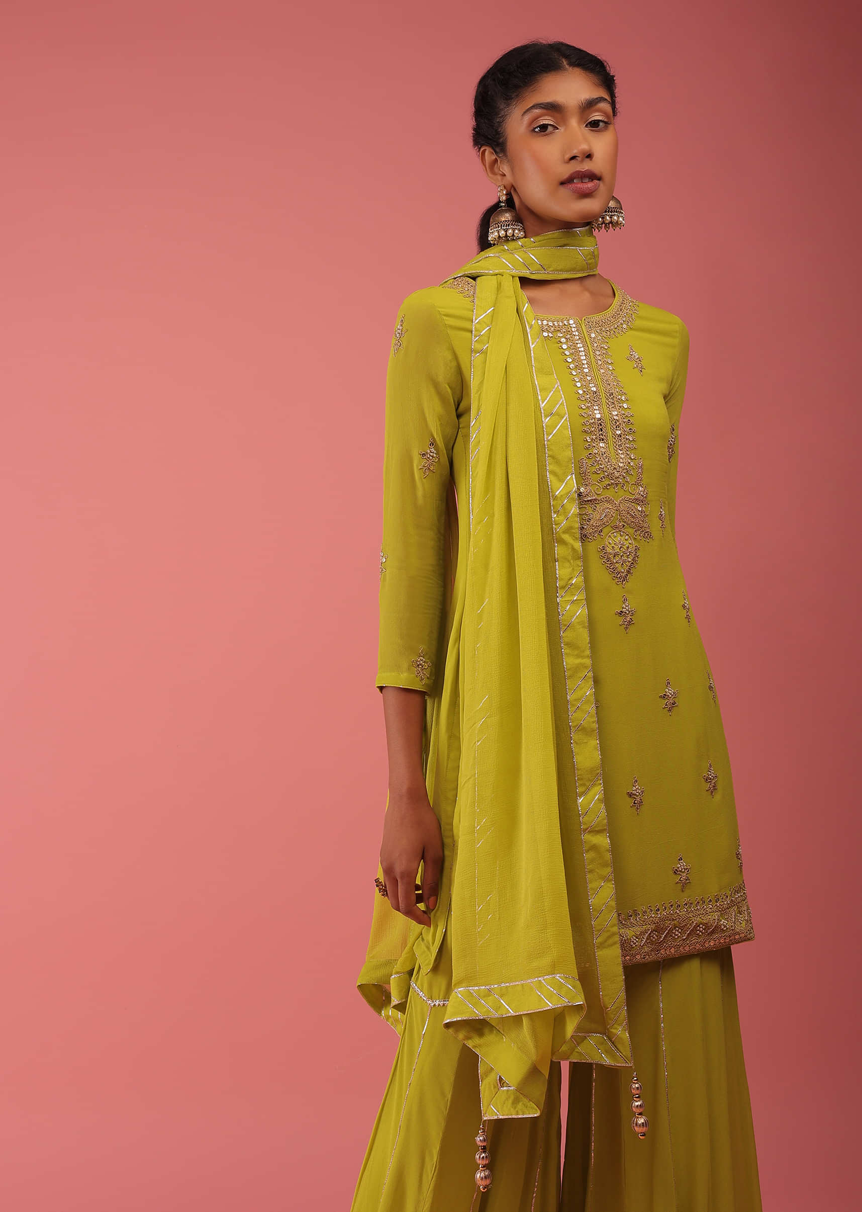 Warm Olive Sharara Suit In Zari And Zardozi Embroidery, Crafted In Georgette And Comes In 3/4Th Sleeves And A Round Neckline