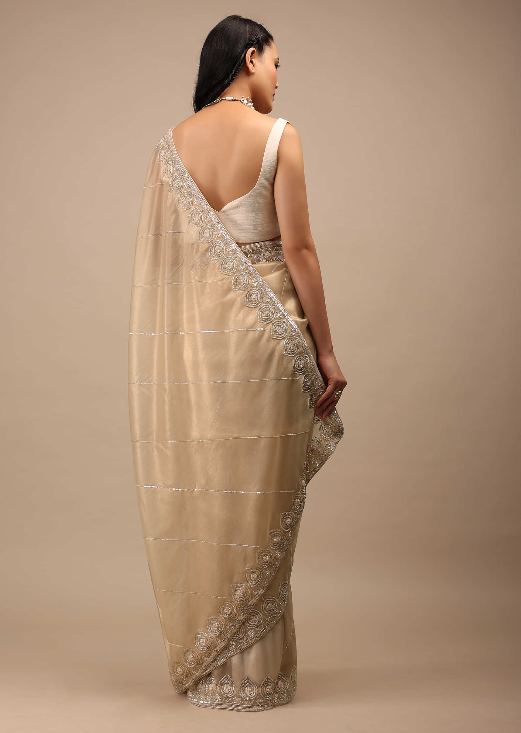 Warm Sand Brown Tissue Saree In Silver Cut Dana And Stones Embroidery Motifs Detailing On The Border