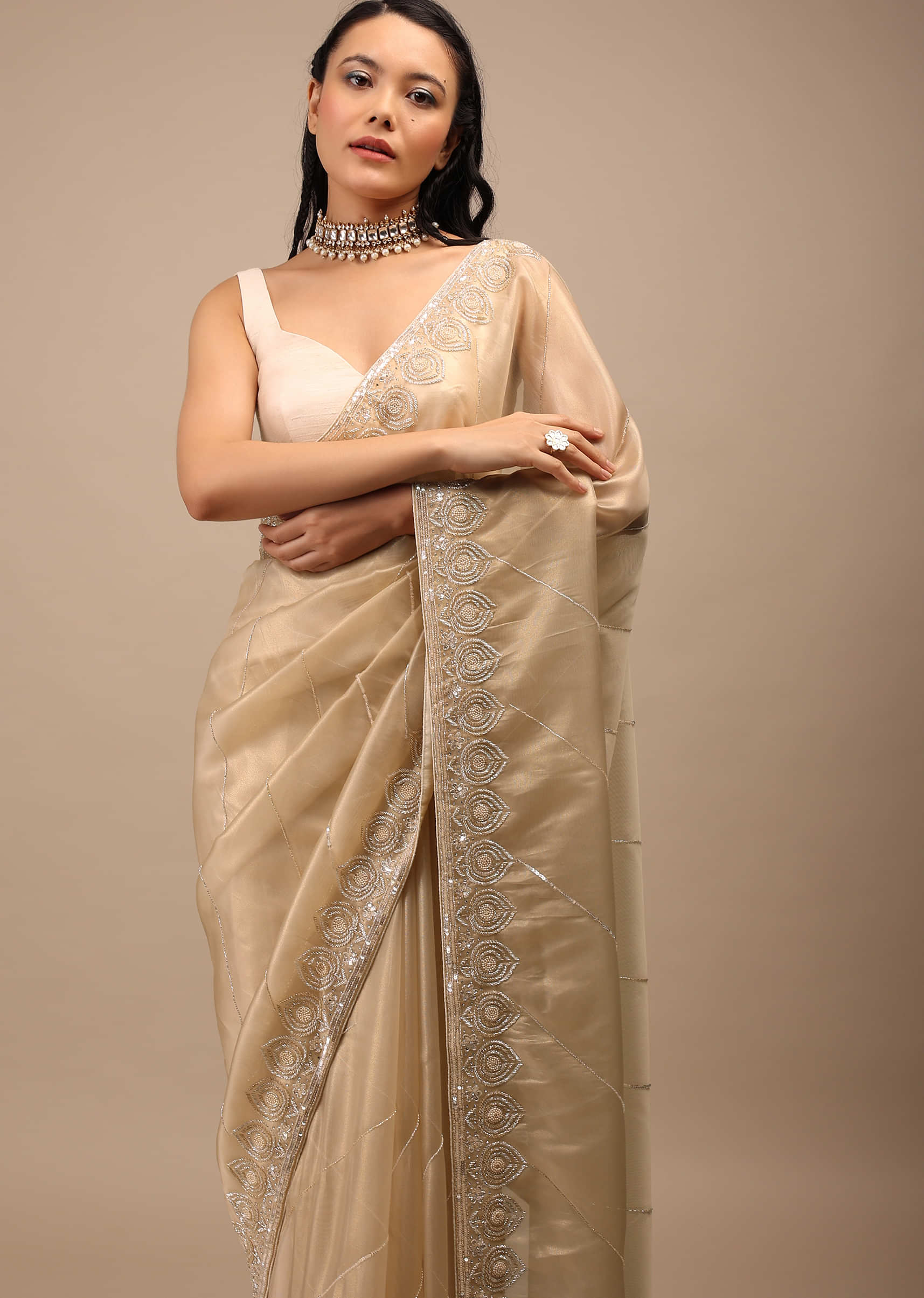 Warm Sand Brown Tissue Saree In Silver Cut Dana And Stones Embroidery Motifs Detailing On The Border