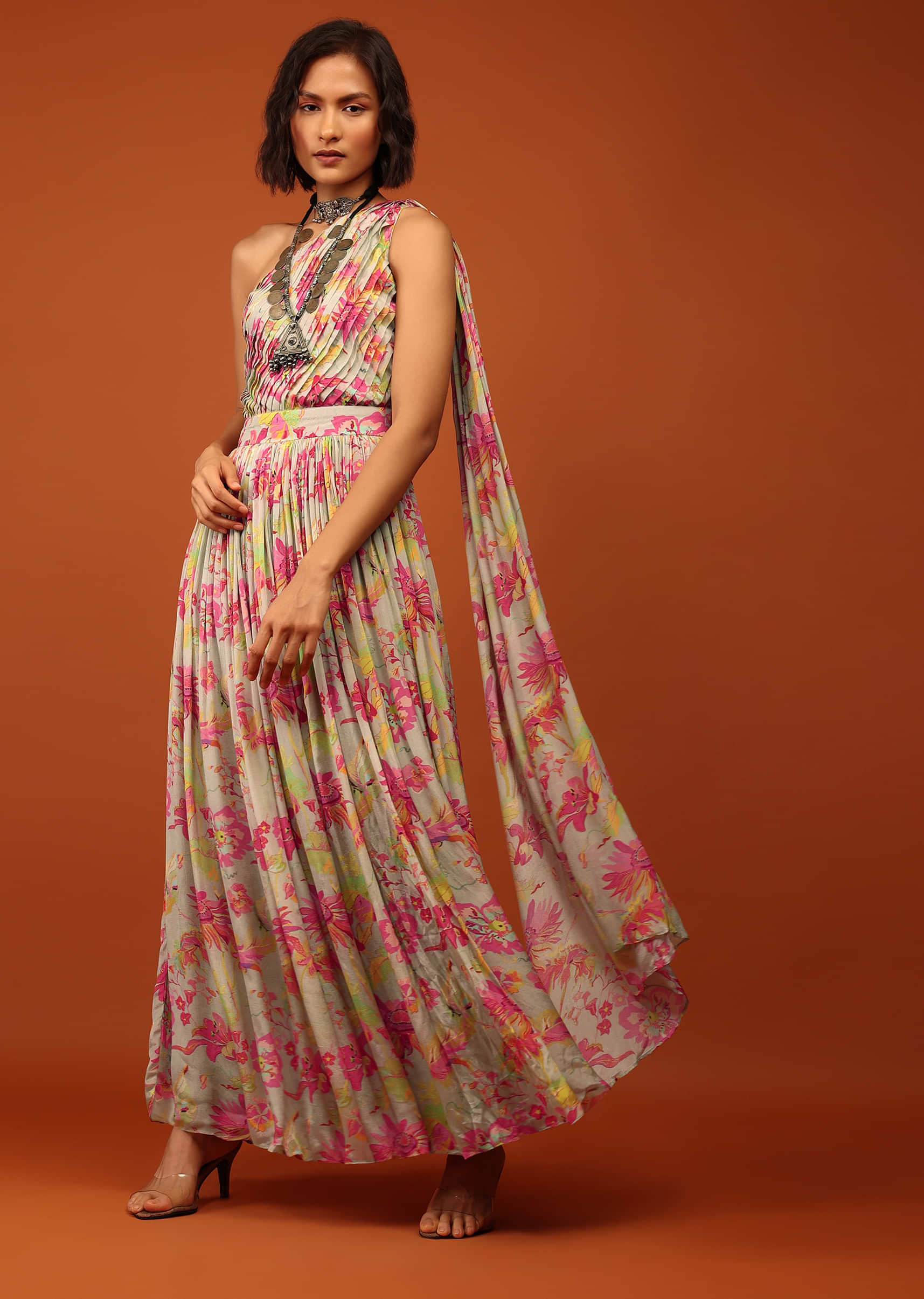 Moss Floral Print Jumpsuit With Slantly Pleated Bodice And Attached Drape On The Shoulder
