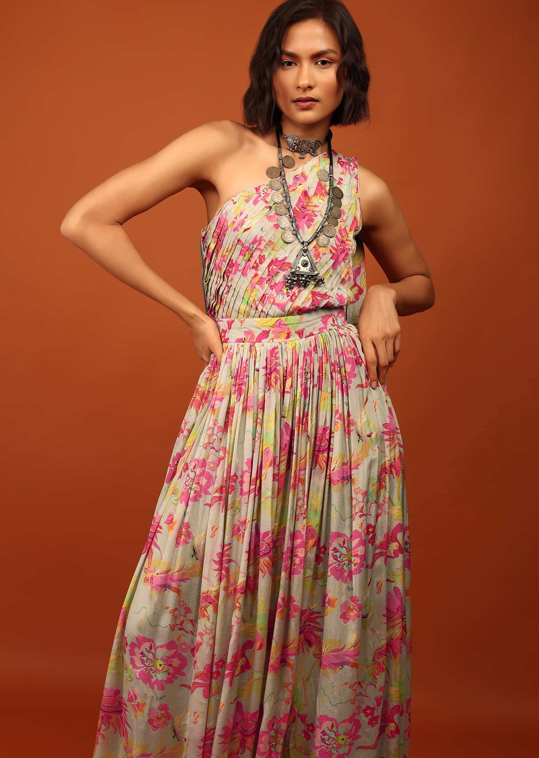 Moss Floral Print Jumpsuit With Slantly Pleated Bodice And Attached Drape On The Shoulder