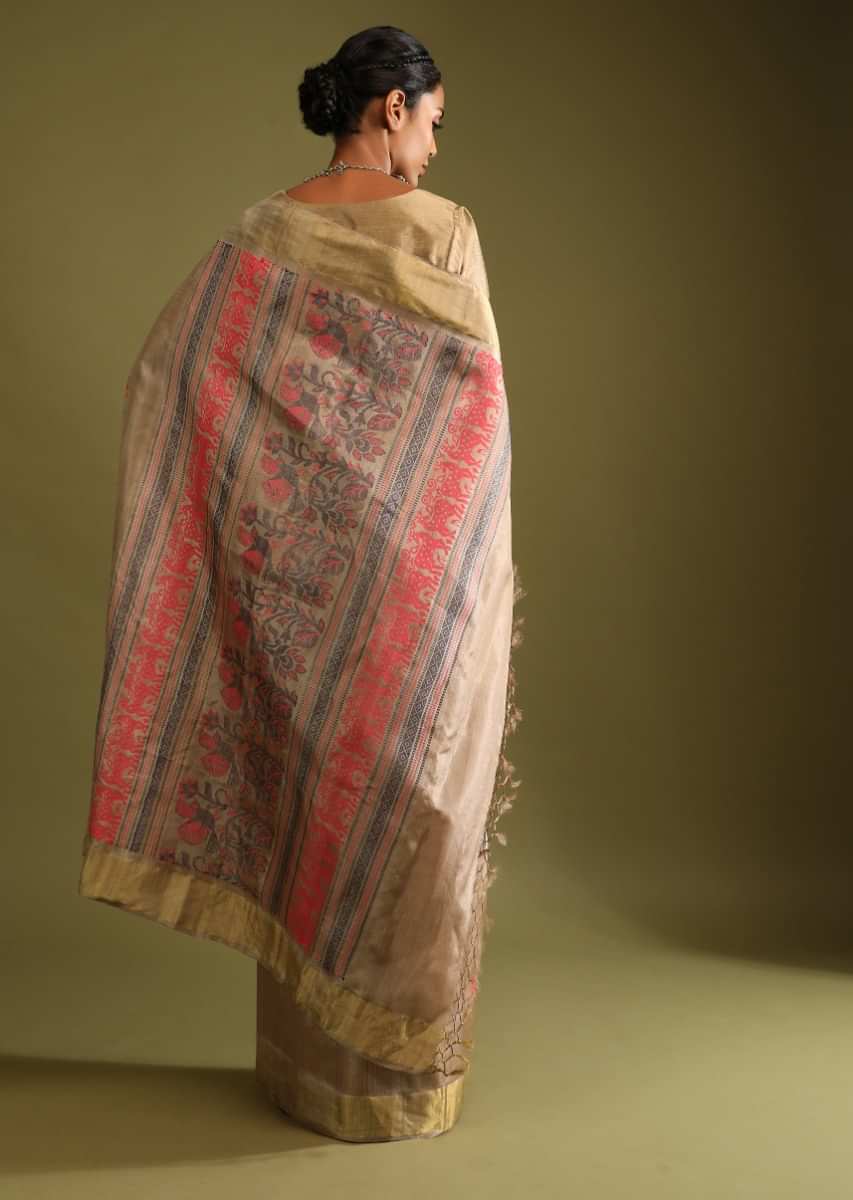 Wheat Beige Saree In Tussar Silk With Red And Black Colored Thread Embroidered Botanical Design On The Pallu  
