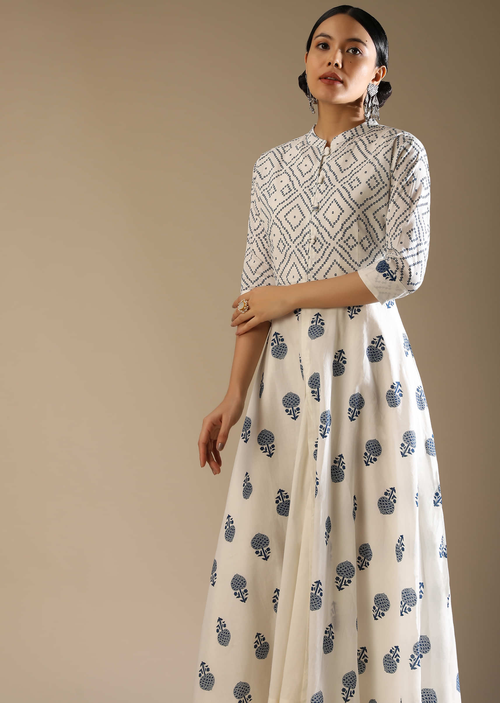 White A Line Front Slit Kurta Set In Cotton With Blue Printed Buttis And Geometric Motifs And Long Sleeveless Inner 