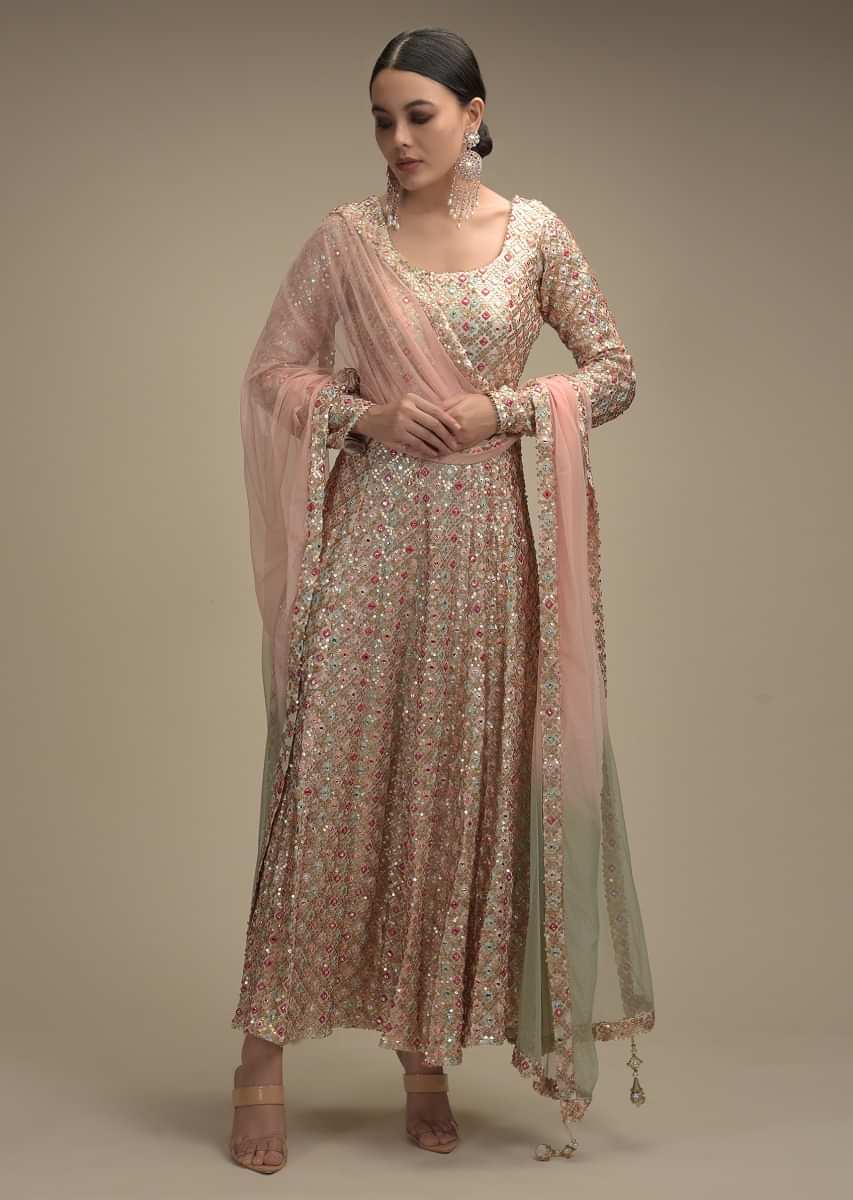 White Anarkali Suit In Georgette With Multi Color Resham And Abla Work All Over