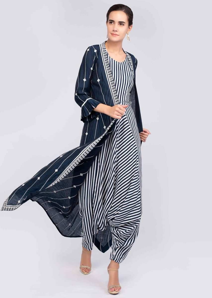 Buy White And Blue Jumpsuit With Striped Pattern Teamed With An Indigo Blue  Long Silk Jacket KALKI Fashion India