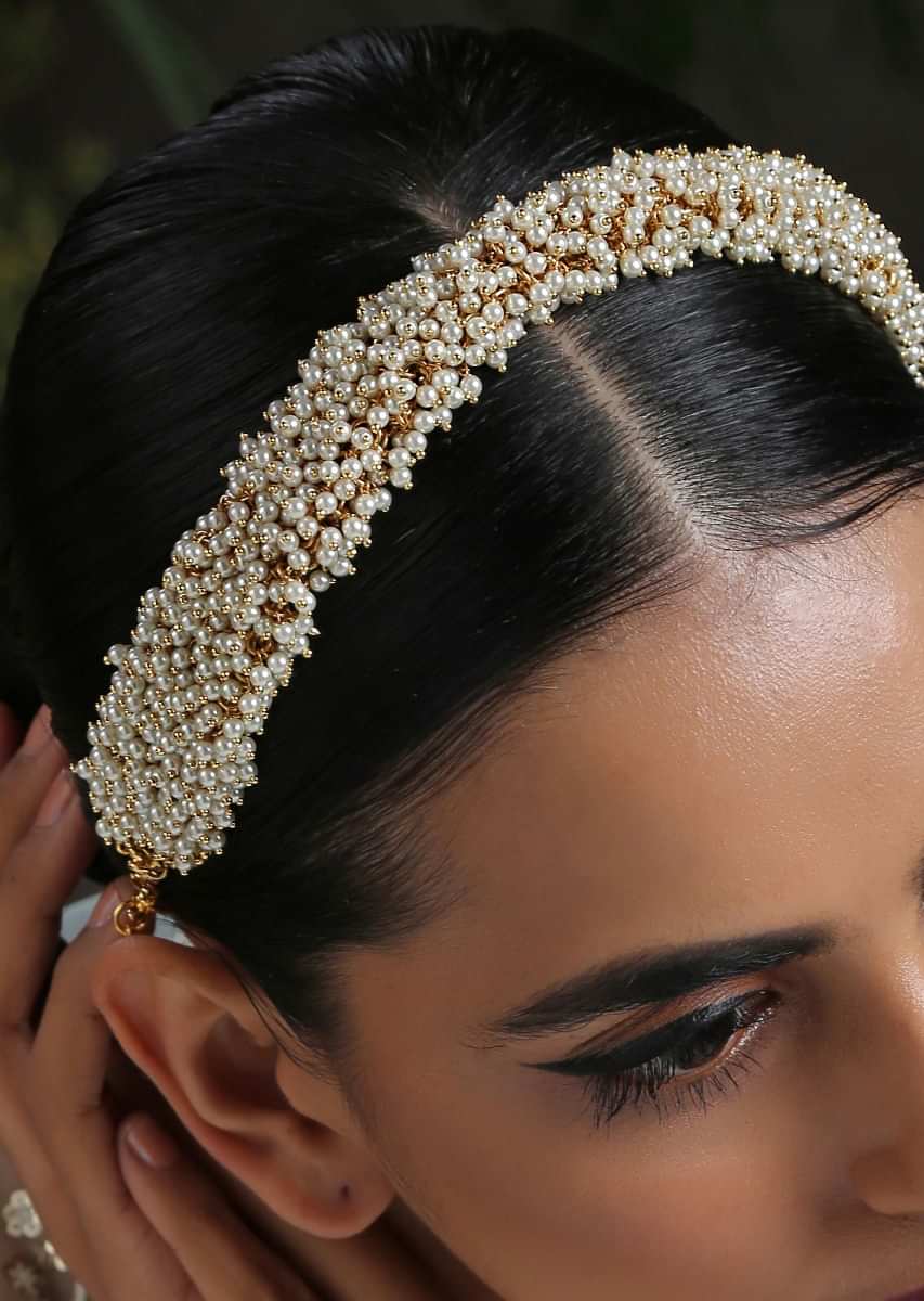 White And Gold Headband With An Intricate Clusters Of Pearls By Paisley Pop