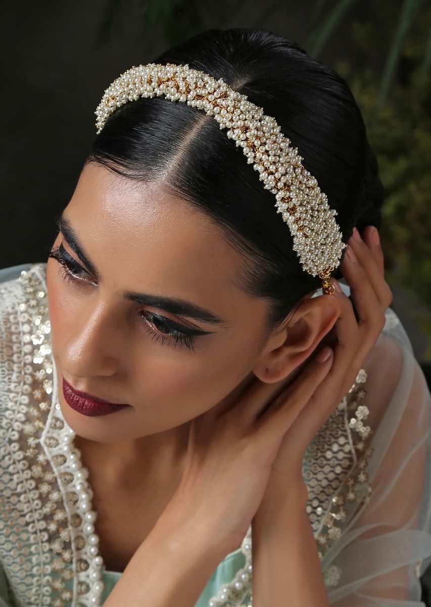 White And Gold Headband With An Intricate Clusters Of Pearls By Paisley Pop