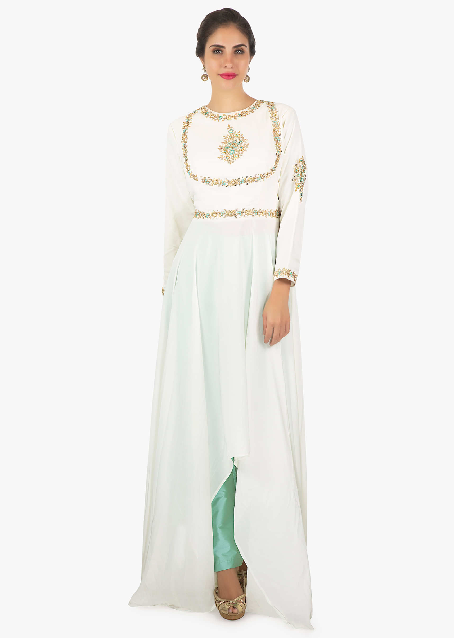 White asymmetric kurti with French knot embroidery, zardosi and gotta patch on the neck and waist line only on Kalki