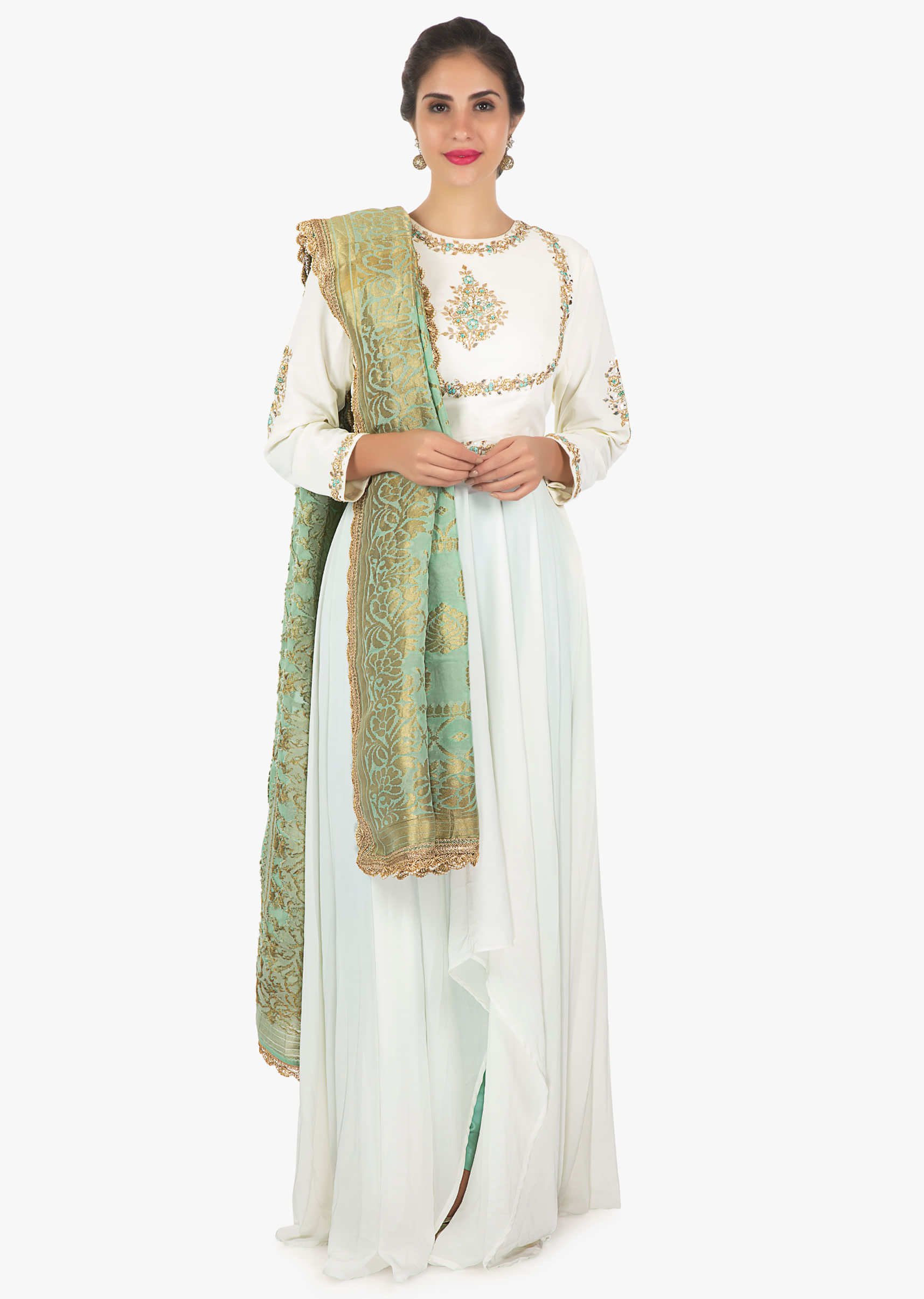 White asymmetric kurti with French knot embroidery, zardosi and gotta patch on the neck and waist line only on Kalki
