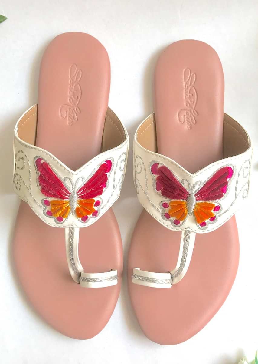 White Flats With Pink And Orange Velvet Patchwork In Butterfly Motif And Accents Of Zari Online By Sole House