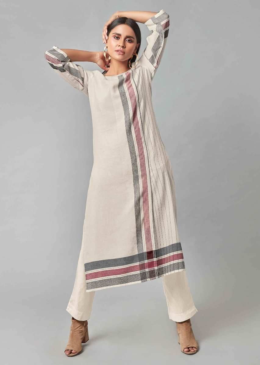 White Multi Colored Printed Straight Kurta With Solid Navy Blue Cigare