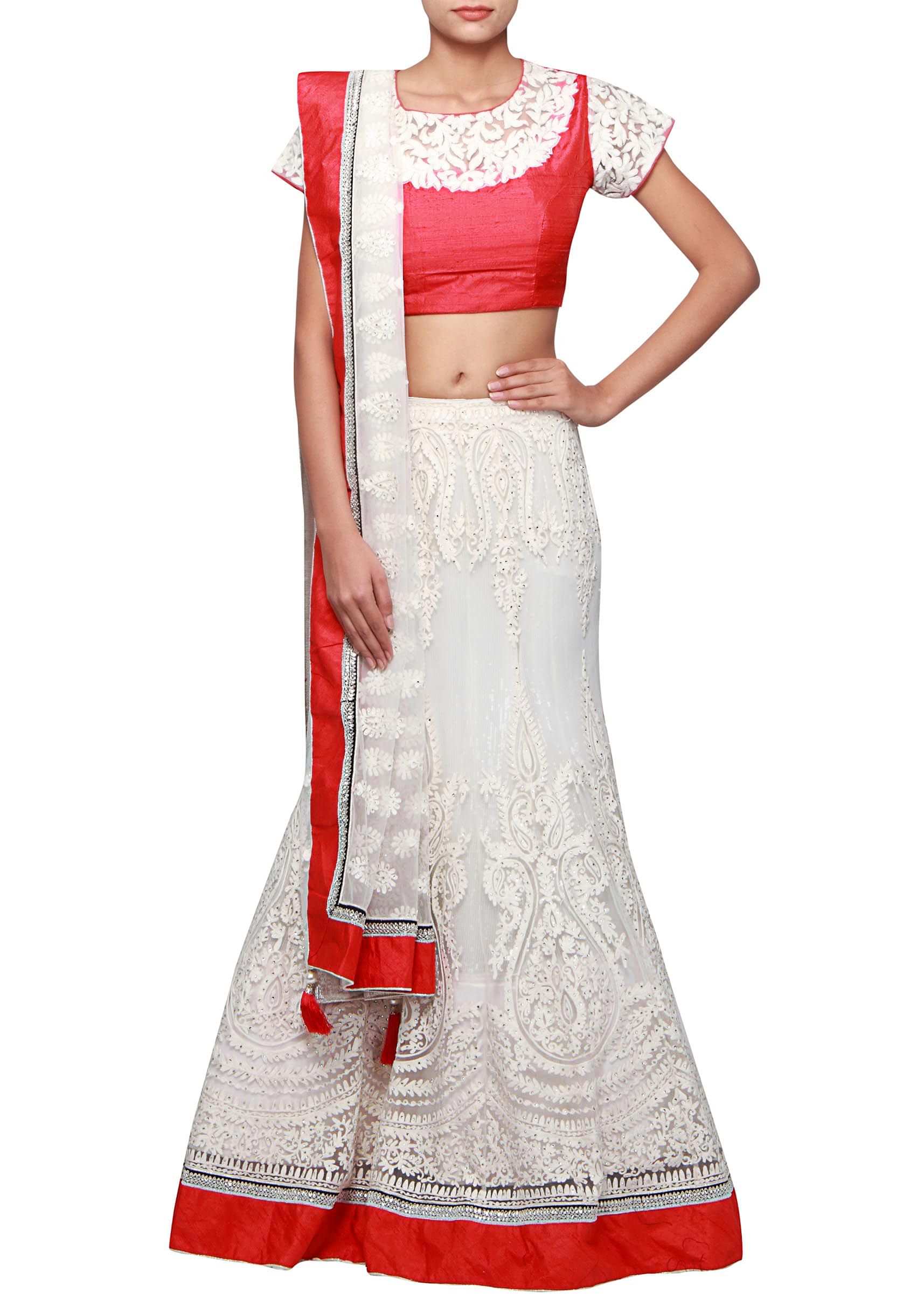 White lehenga adorn in thread and kundan embroidery only on Kalki