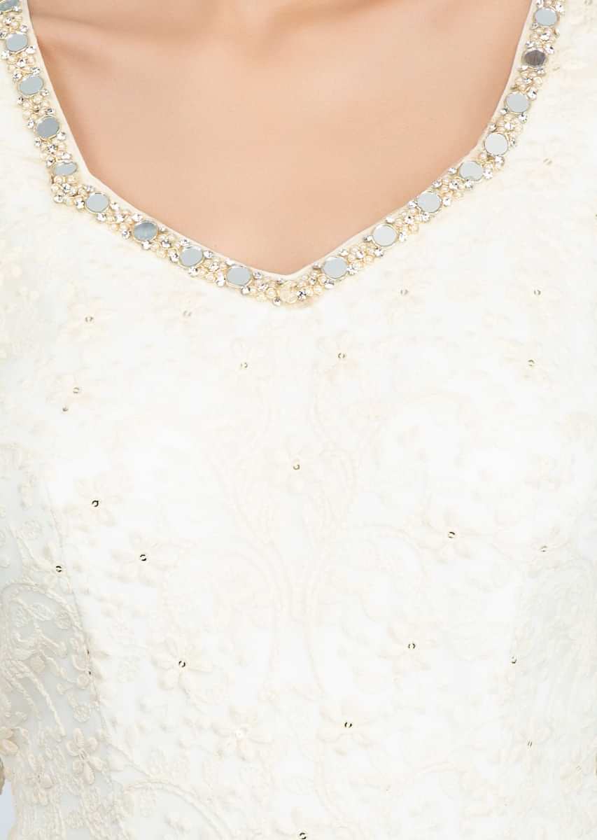 White lucknowi embroidered georgette anarkali suit with matching net dupatta only on Kalki